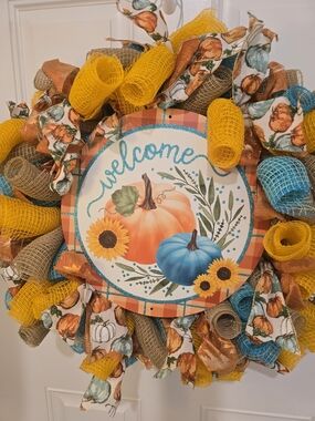 Welcome Pumpkin Sunflower Fall Wreath in Orange, Yellow & Blue